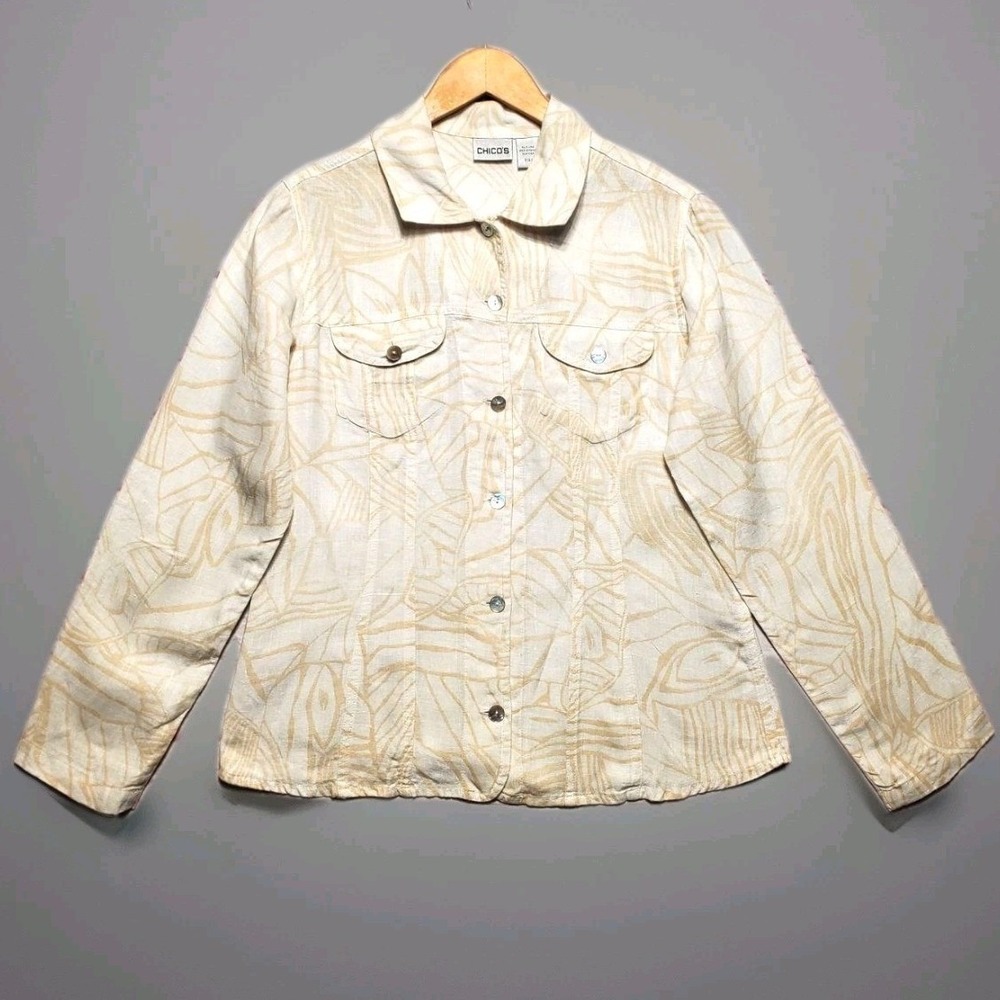 Chicos 0 Jacket Womens Small White Beige Abstract Print 100% Linen Button Up‎